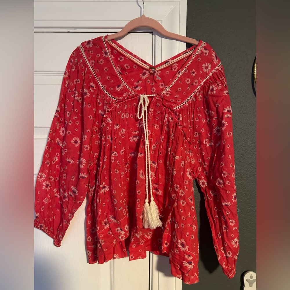 Free People Red Floral Blouse with Tassel Tie